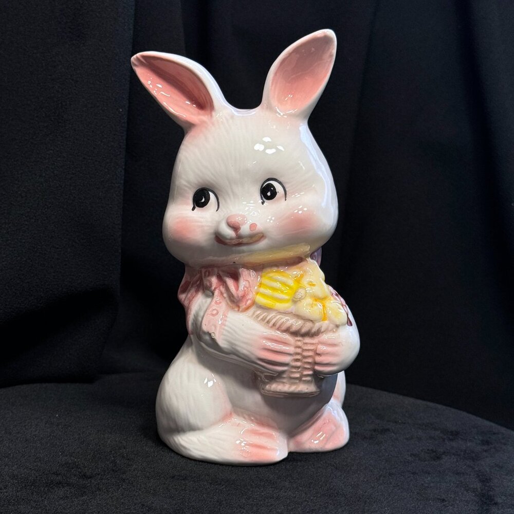 Adorable Vintage Pink + White Easter Bunny Piggy Bank with Flower Basket + Bow
